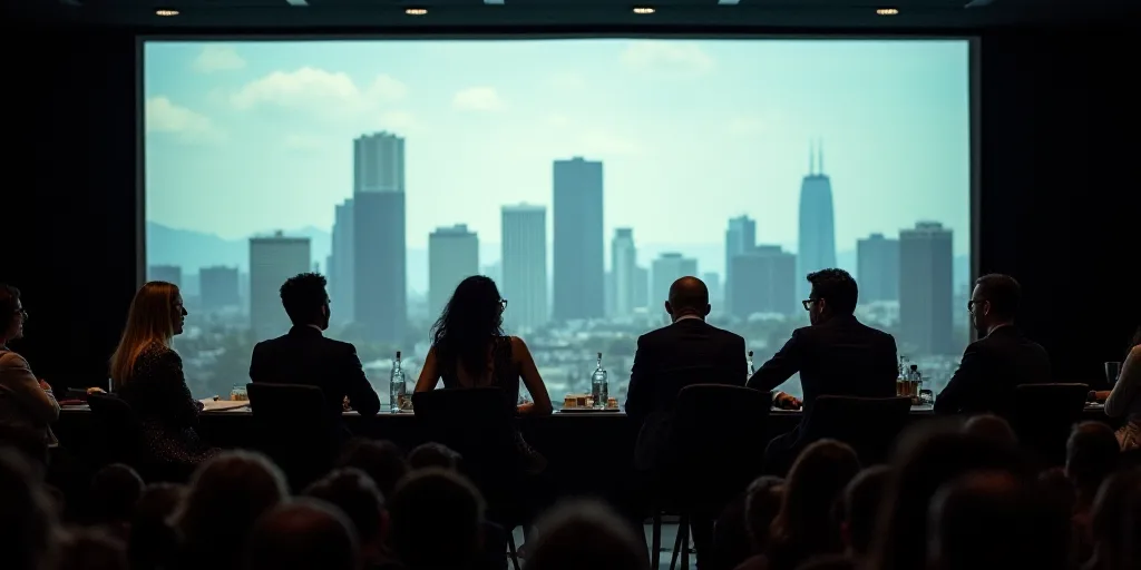 a panel of people sitting on stage in front of a screen with a cityscape in the background, Alejandr