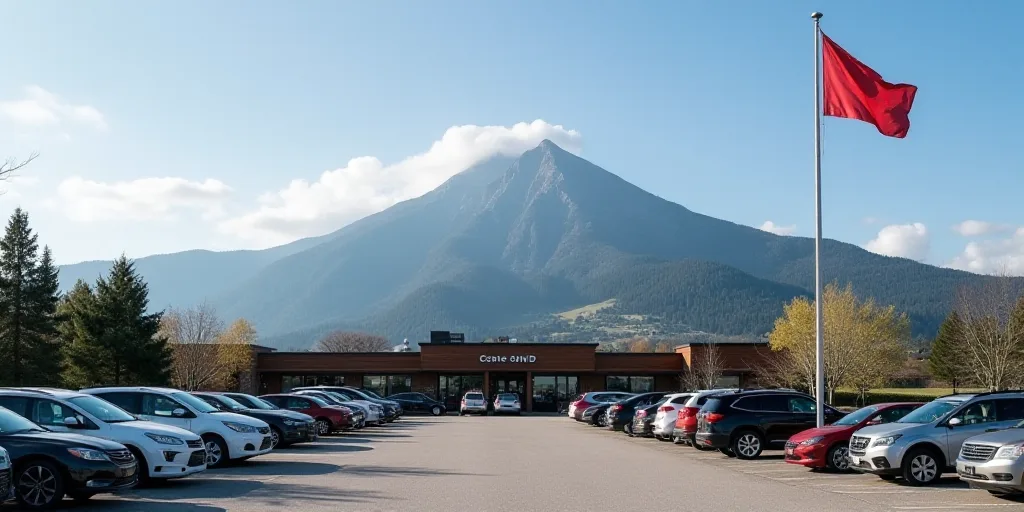 a parking lot full of cars parked in front of a building with a mountain in the background and a fla