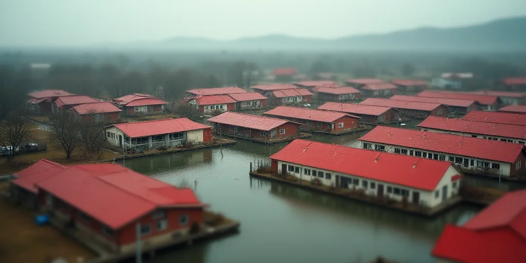 a parking lot with many red roofs and a fenced in area with a fenced in area with several red roofed