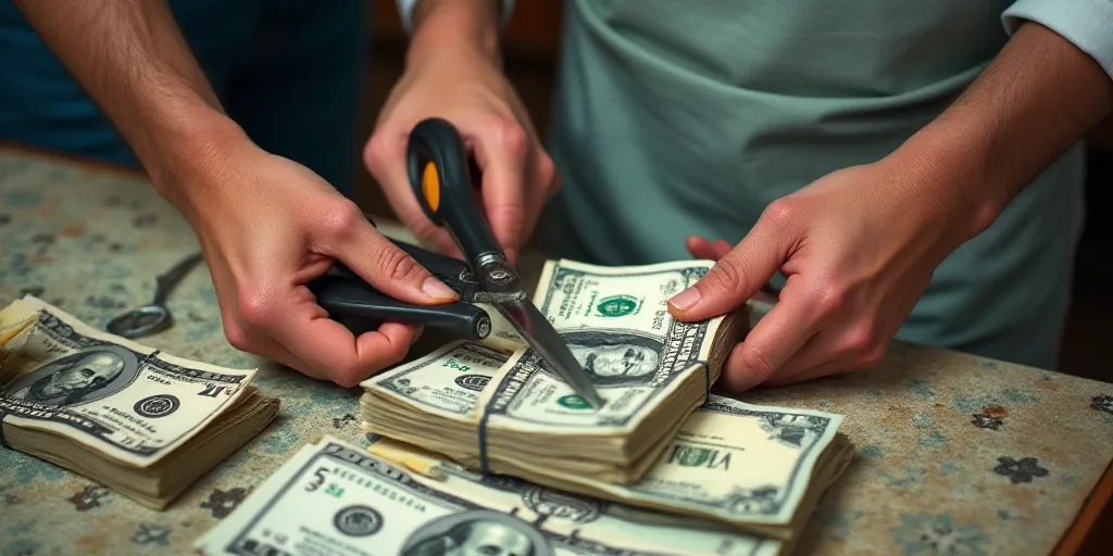 a person cutting a bundle of money with scissors and a pair of hands holding scissors and a stack of