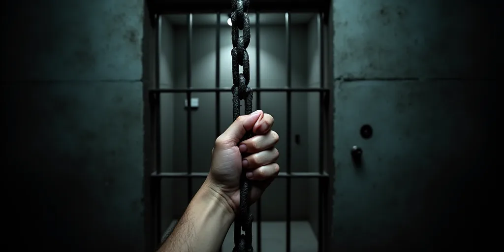 a person holding a bar of metal in front of a jail cell door with bars on it and a hand holding a ba