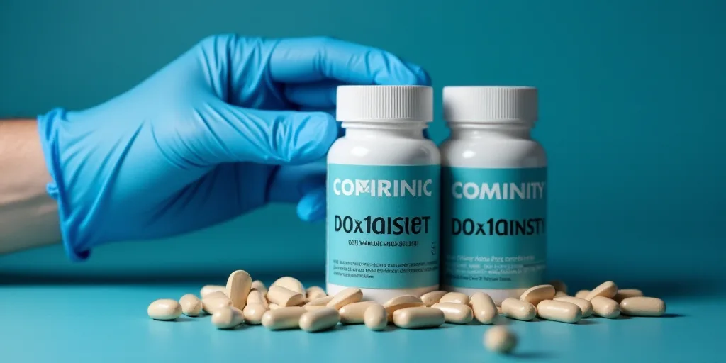 a person holding a blue glove and a bunch of bottles of pills with the word comminity on them, Domir