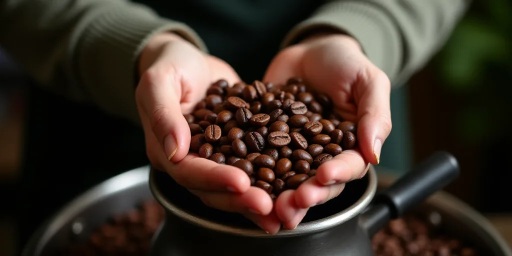 a person holding a bunch of coffee beans in their hands over a pot of coffee beans that are being he