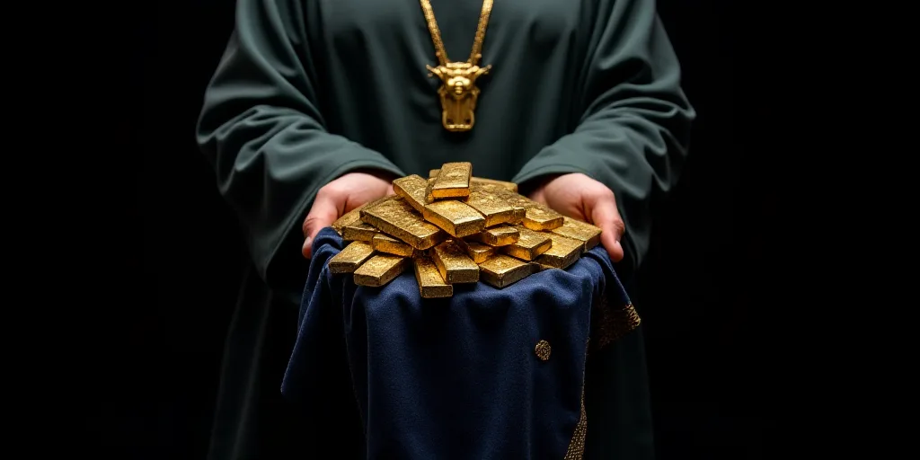 a person holding a bunch of gold bars in their hands and a blue cloth around them, with a black back