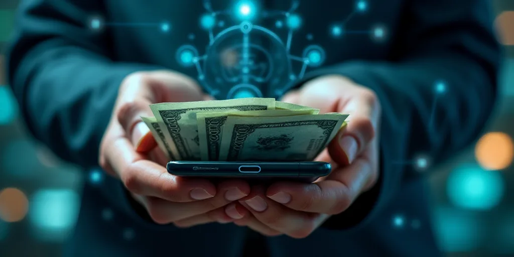 a person holding a bunch of money in their hands with a futuristic interface in the background of th