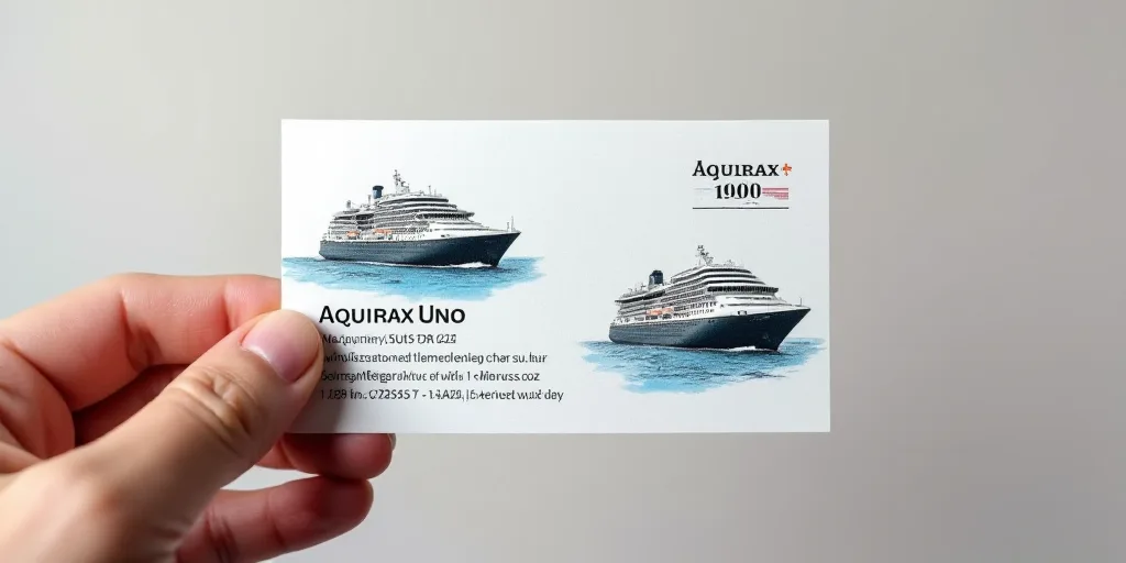 a person holding a business card in their hand with a boat on it's back and a cruise ship on the bac