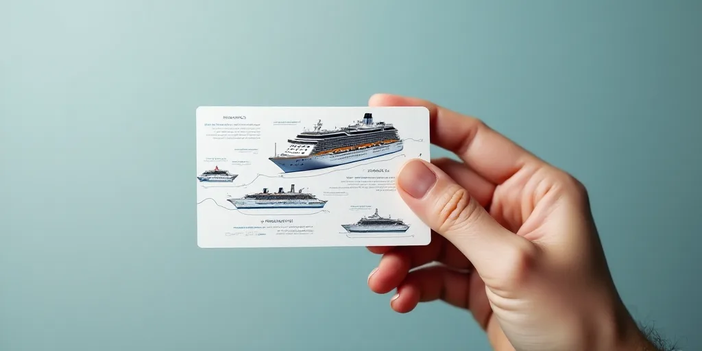 a person holding a business card in their hand with a boat on it's back and a cruise ship on the bac