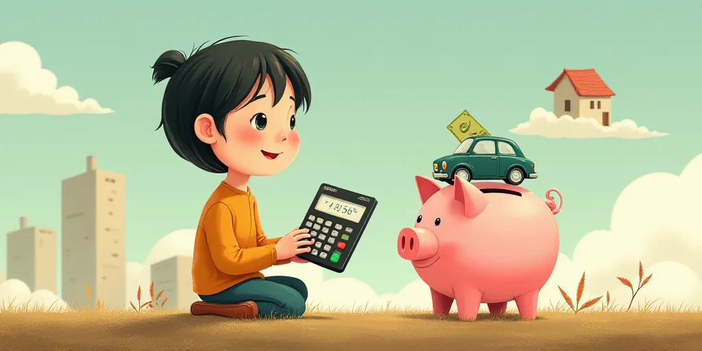 a person holding a calculator and a piggy bank with money and a car on it and a house, Cui Bai, deta