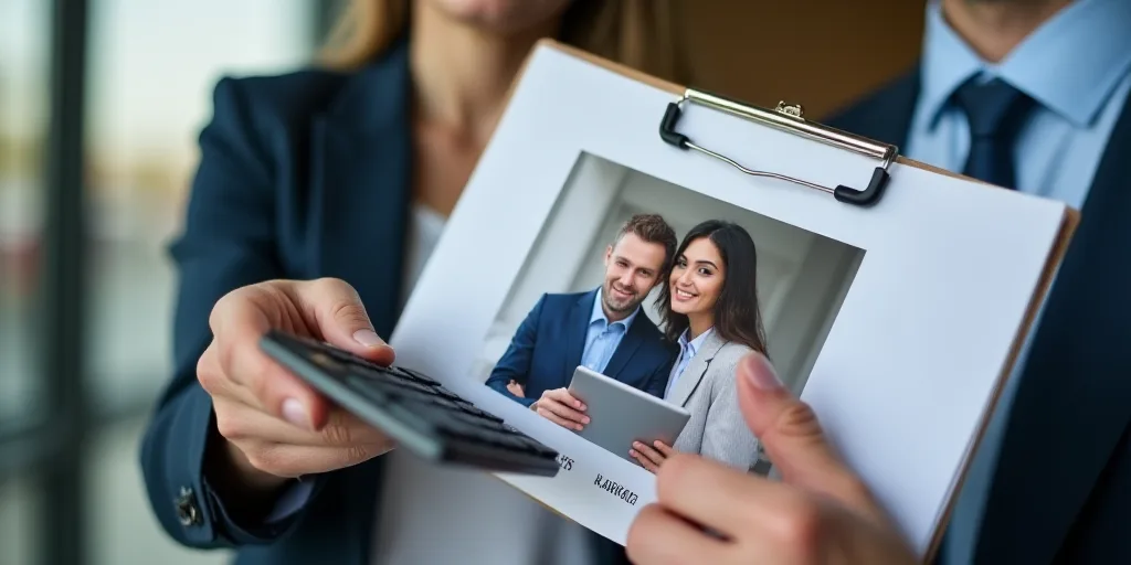 a person holding a calculator and a clipboard with a picture of a man and woman in the background, B