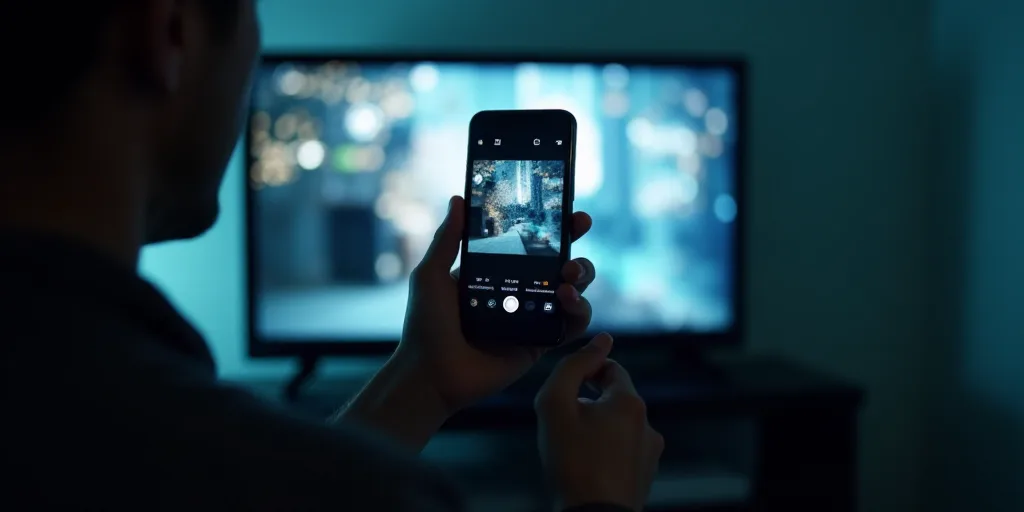 a person holding a cell phone in front of a television screen with a program on it's screen, Andries