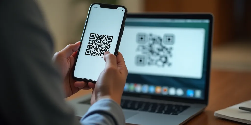 a person holding a cell phone in their hand and a qr code on the screen in front of a laptop, Dai Xi