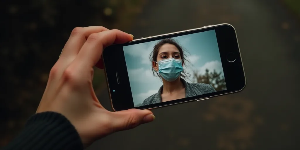 a person holding a cell phone with a picture of a woman on it and a video of a woman with a mask on,