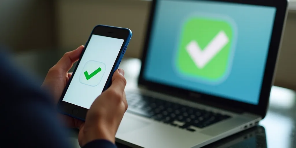 a person holding a cell phone in front of a laptop computer with a green check mark on the screen, A