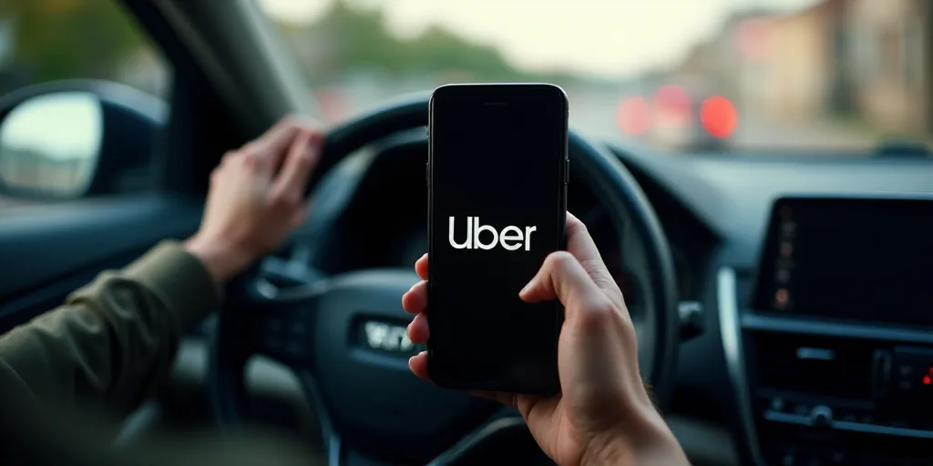a person holding a cell phone in their hand while driving a car with the word uber on the screen, É