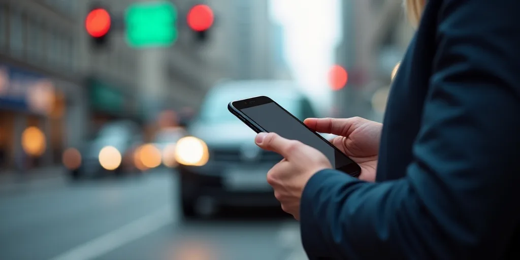 a person holding a cell phone in front of a car on a street with a blurry background of a car, Cui B