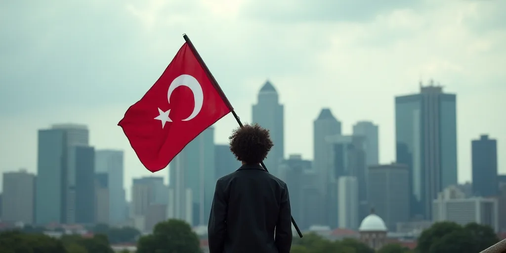 a person holding a flag in front of a city skyline with tall buildings in the background and a cloud