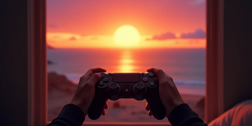 a person holding a game controller in front of a window with a view of the ocean and a sunset, Dalí
