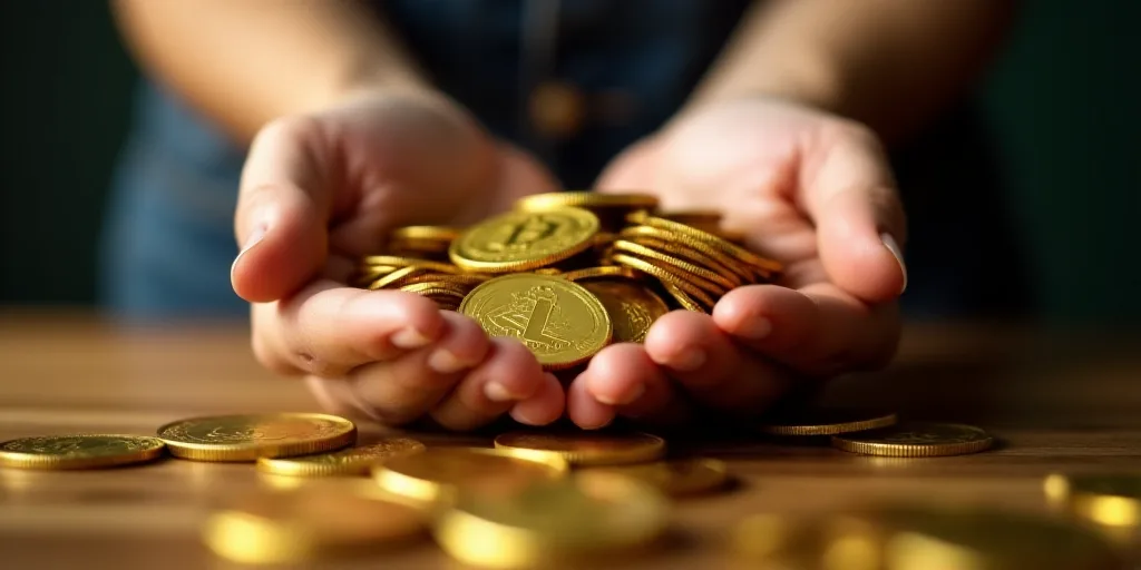a person holding a handful of coins in their hands with a lot of them in the background and a pile o