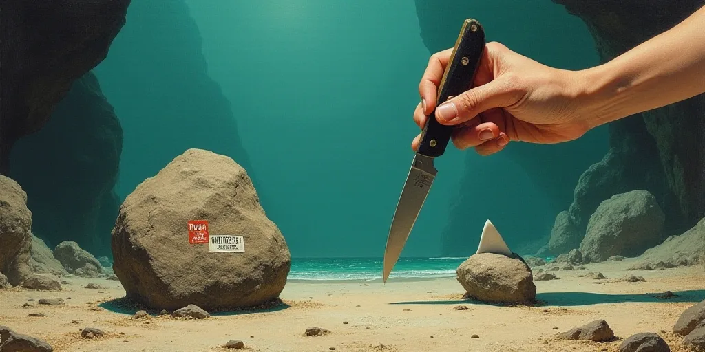 a person holding a knife over a rock with a sticker on it's side and a rock with a shark fin stickin