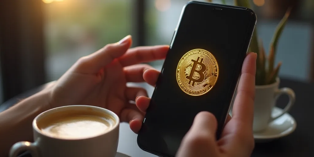a person holding a phone with a bitcoin on it in their hand, on a table with a cup of coffee, Andrie