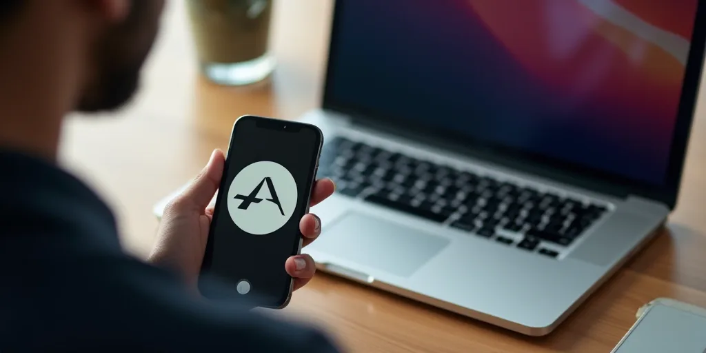 a person holding a phone with a logo on it next to a laptop computer and a keyboard on a desk, Aquir