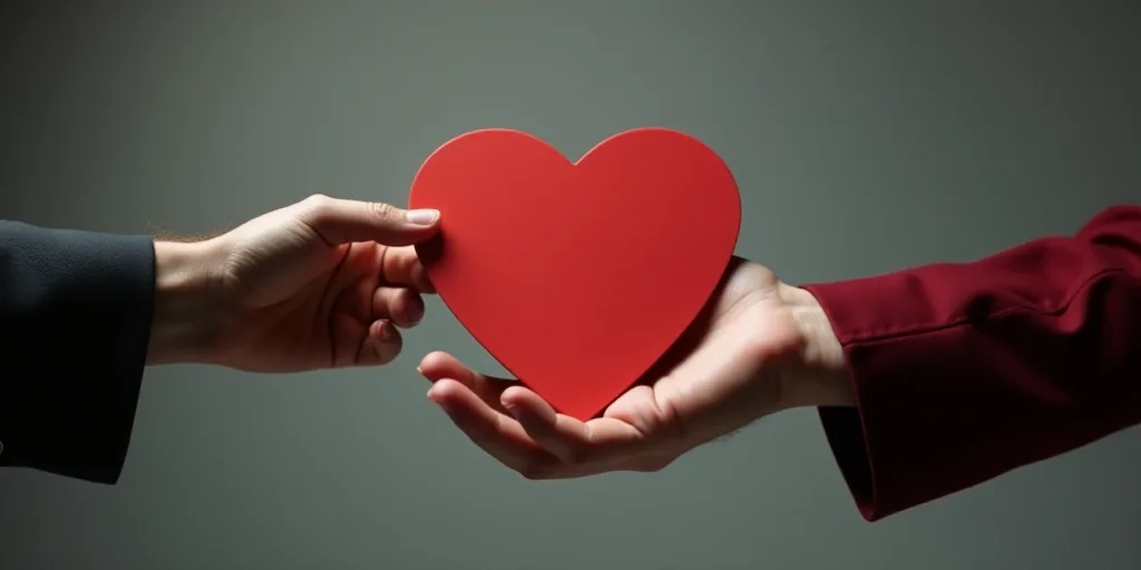 a person holding a red object in their hand while another person holds it out with their hand to sha