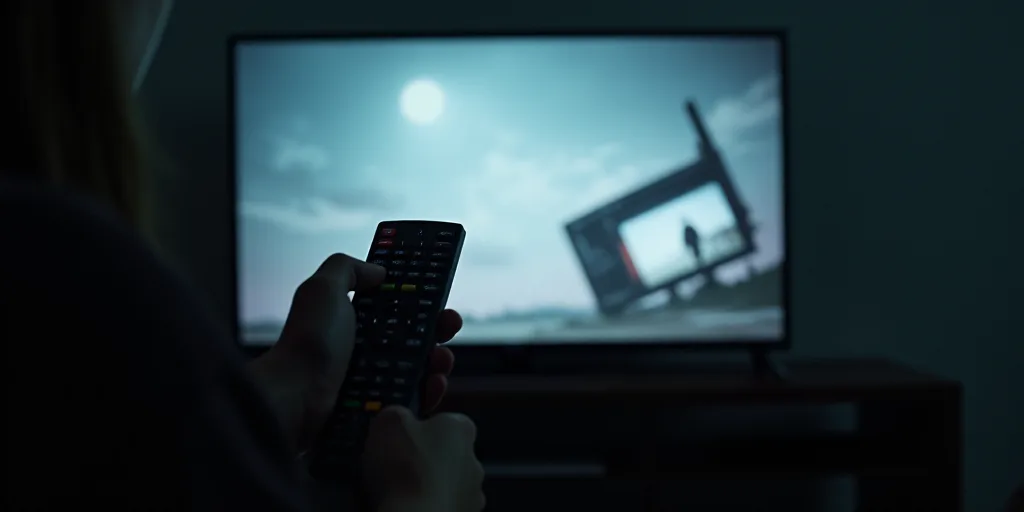 a person holding a remote control in front of a television screen with a television on it's side, Av