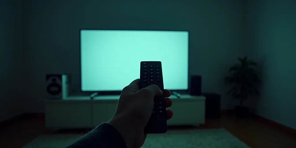 a person holding a remote control in front of a television screen with a television on it's side, Av
