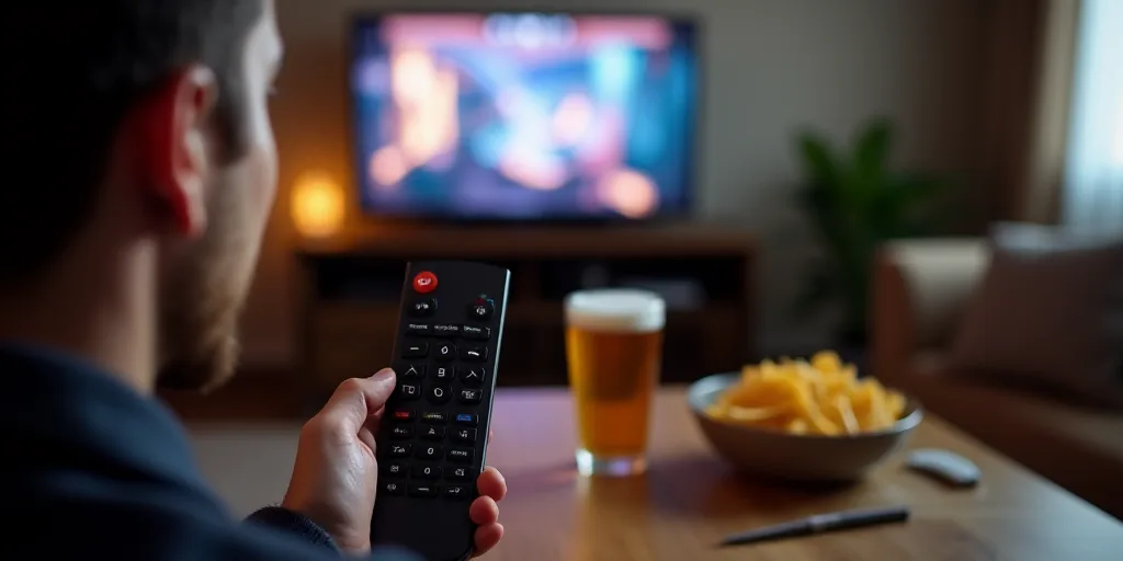 a person holding a remote control in front of a television with a bowl of chips and beer on the tabl