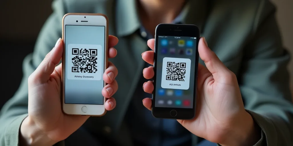 a person holding a smart phone and a smart phone in their hands with a qr code on the screen, Dahlov