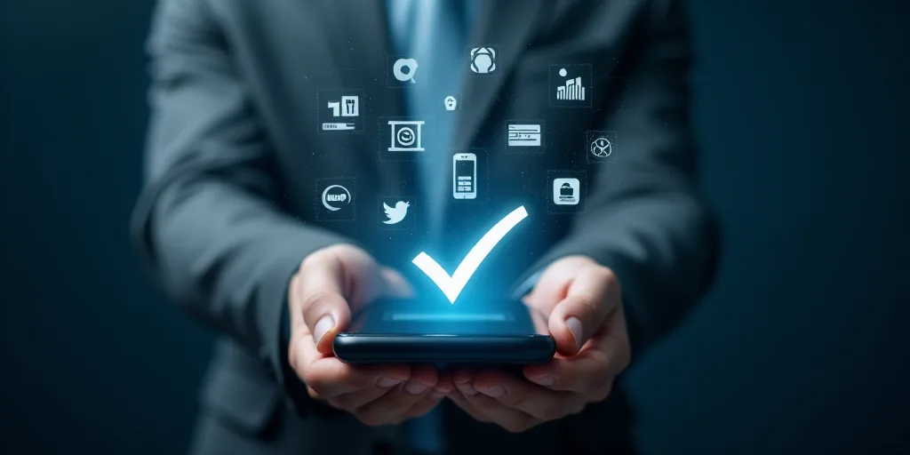 a person holding a smart phone with icons coming out of it and a check mark on the screen in the mid