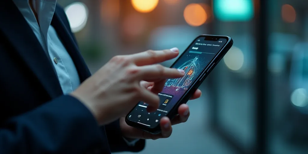 a person holding a smart phone with a graphic on it's screen and a hand touching it with a finger, A