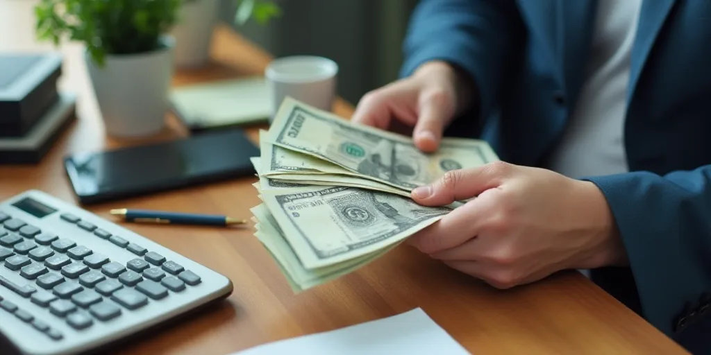 a person holding a stack of money next to a calculator and a keyboard on a desk with a calculator an