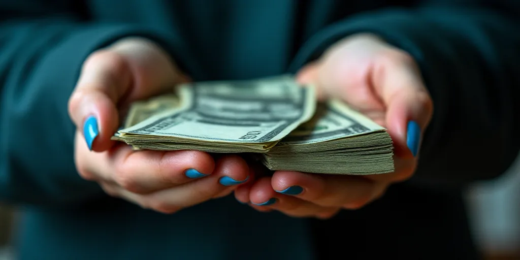 a person holding a stack of money in their hands with a blue nail polishing on their thumb and a blu