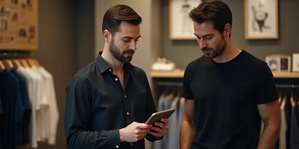 a person holding a tablet in a store with a display of clothing on the wall behind them and a man in