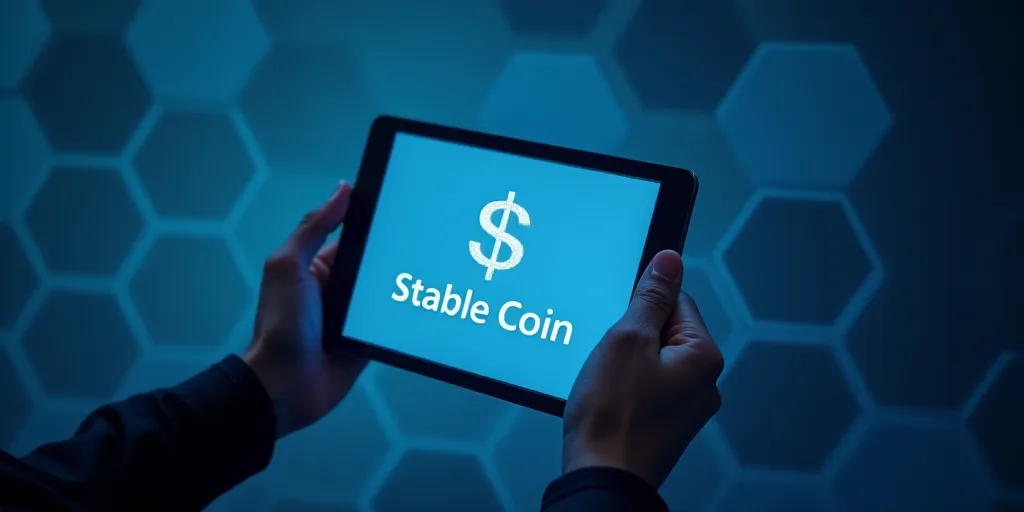 a person holding a tablet with the word stable coin on it in their hands and a blue background with
