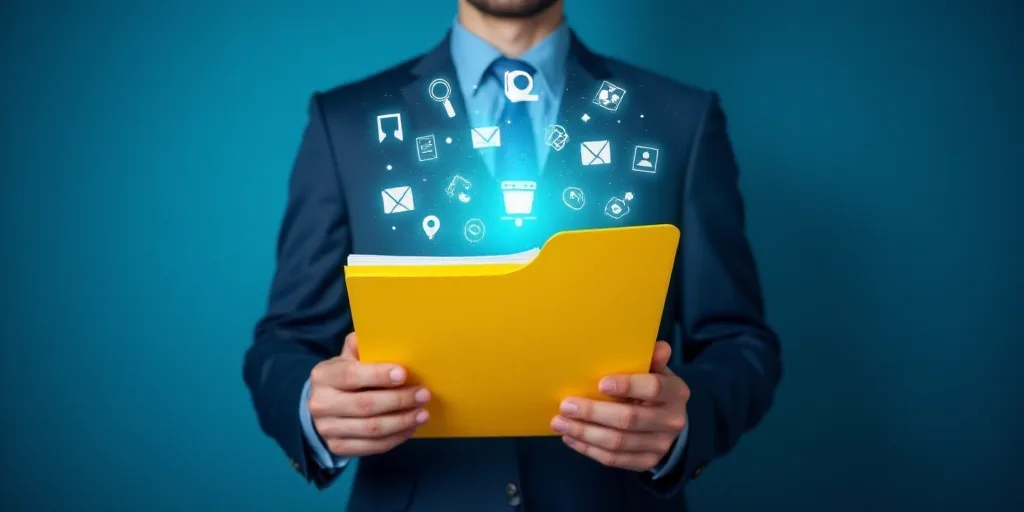 a person holding a yellow folder in their hands with icons coming out of it and a blue background wi
