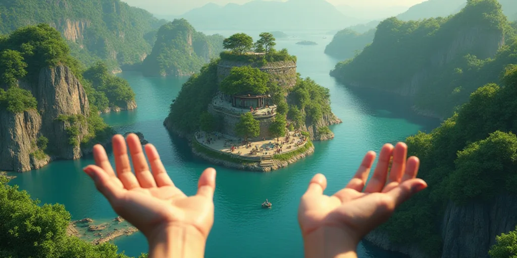 a person holding out their hands to a small island with people on it and a river in the background,