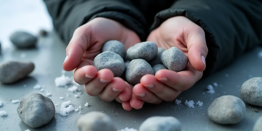 a person holding some rocks in their hands on a table with water and snow on it, and a few more rock