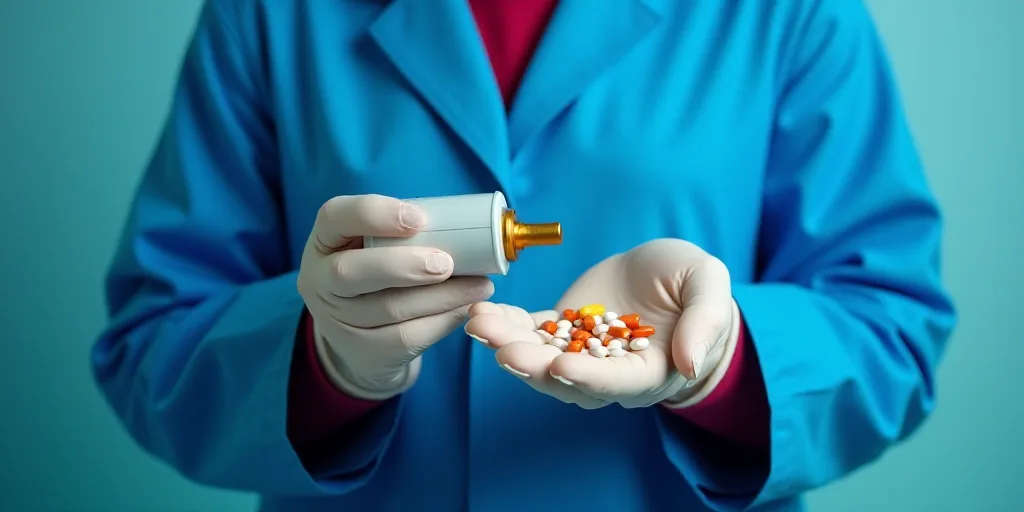 a person in a blue coat and white gloves holding a contraption in their hands and a bunch of pills i