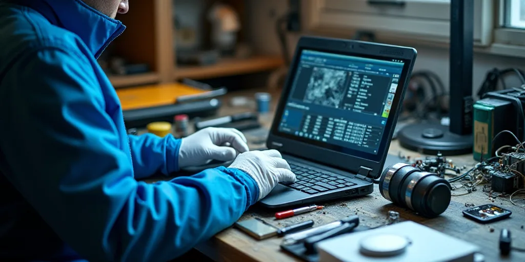 a person in a blue jacket and white gloves working on a laptop computer with a lot of tools on the t