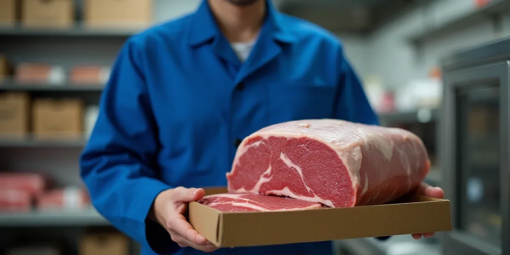 a person in a blue uniform and a box of meat in a kitchen with other food items on the shelves, Bour