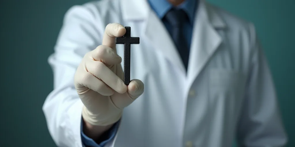 a person in a white coat and gloves holding a syquet in their hand with a cross on it, Évariste Vit