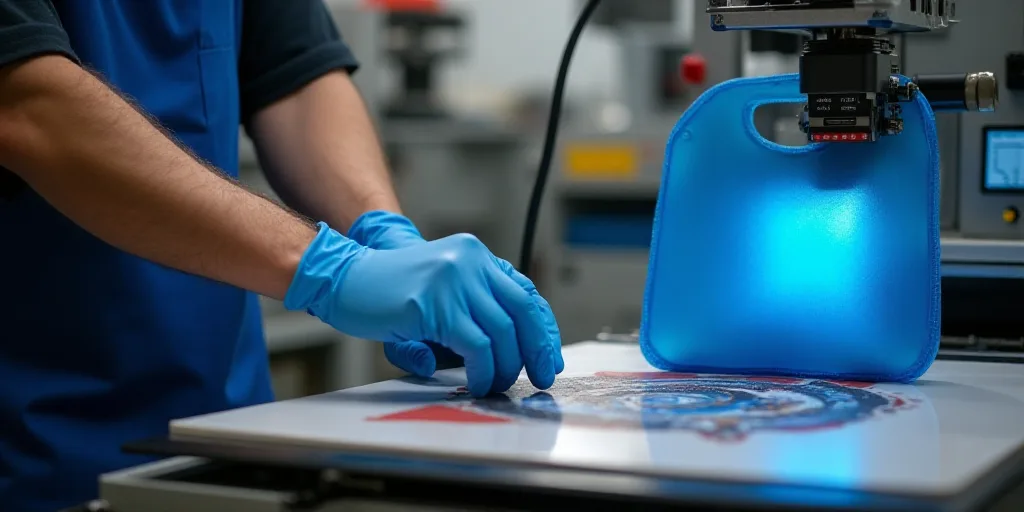 a person in blue gloves is operating a machine with a red light on it's side and a blue bag on the o