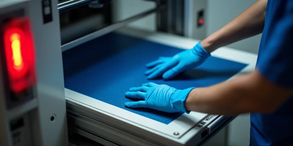 a person in blue gloves is operating a machine with a red light on it's side and a blue bag on the o