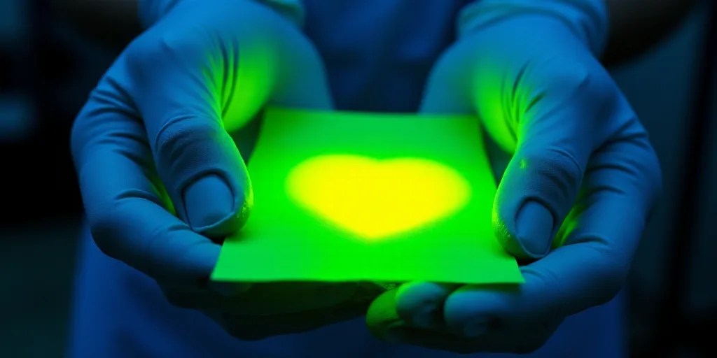 a person in gloves holding a piece of paper with a green piece of paper in their hands, with a yello