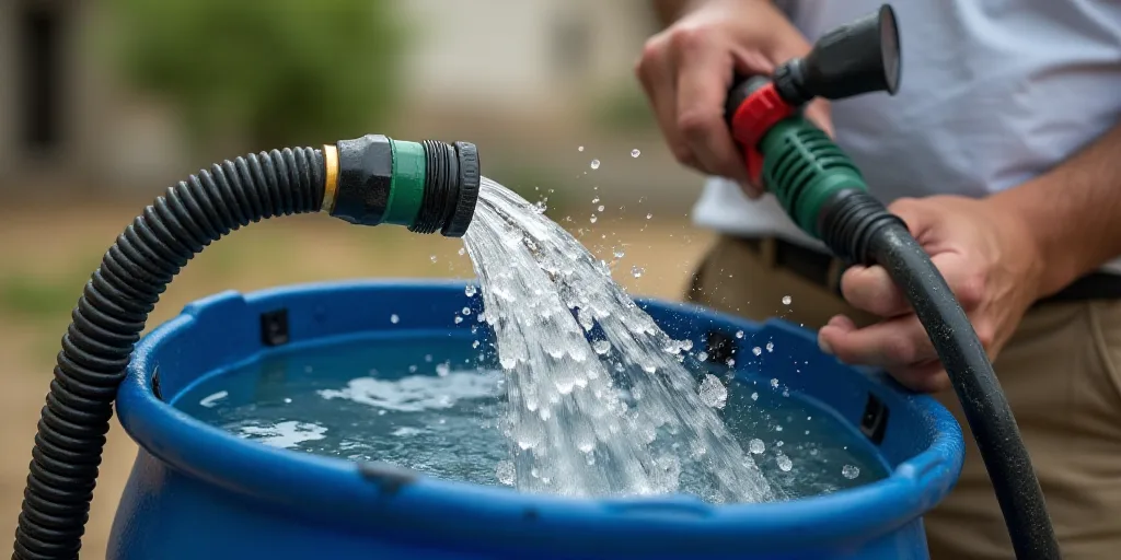 a person is holding a hose and spraying water into a blue barrel with a hose attached to it and a bu