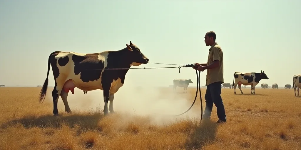 a person is spraying a cow with a hose on a rope in a field with other cows in the background, Afewe