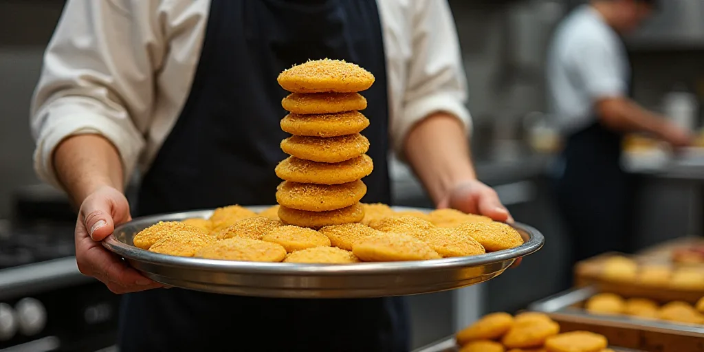 a person is stacking up a stack of food on a tray in a kitchen with other people in the background,