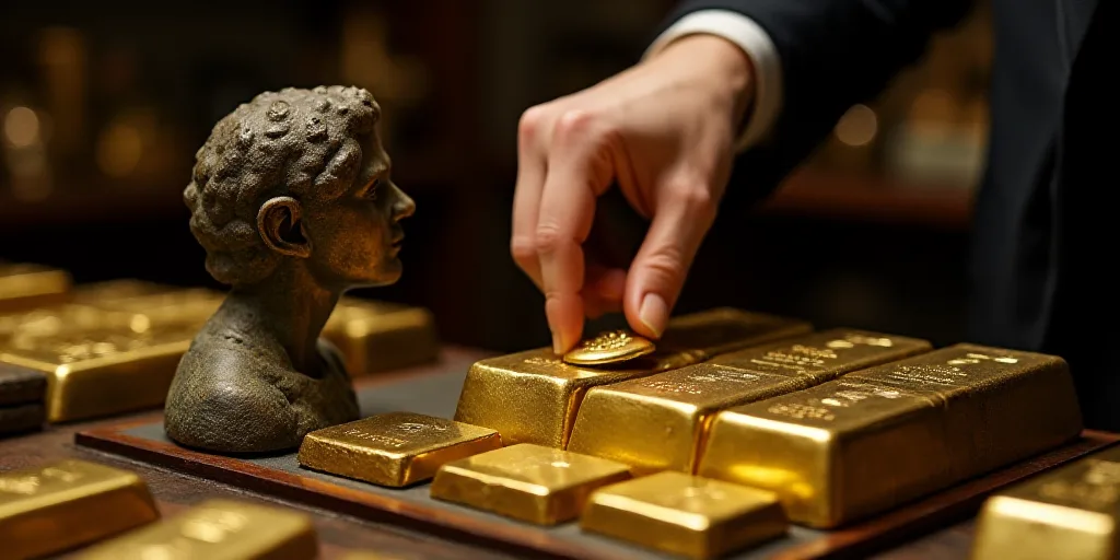 a person is touching a bunch of gold bars on a table with other gold bars on it and a person is sitt